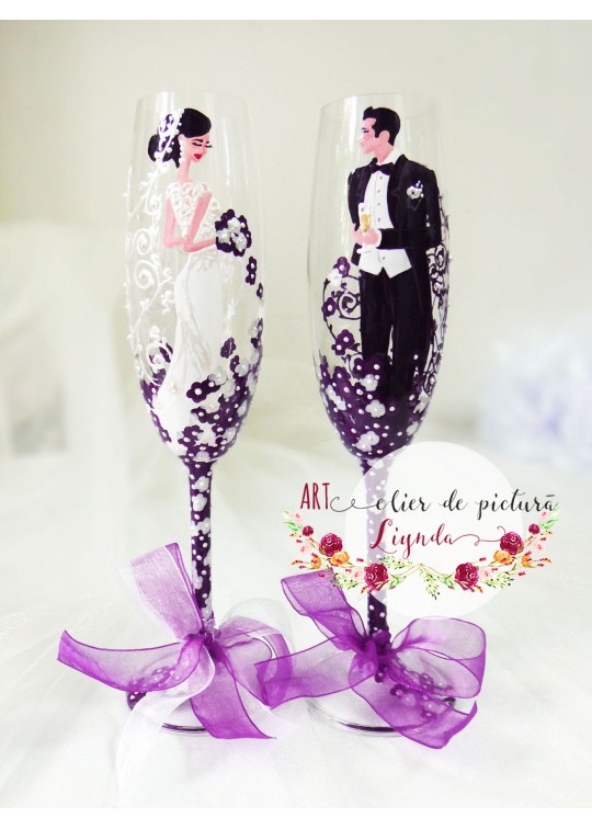 Pahare pictate manual pentru miri "Elegant wedding purple"