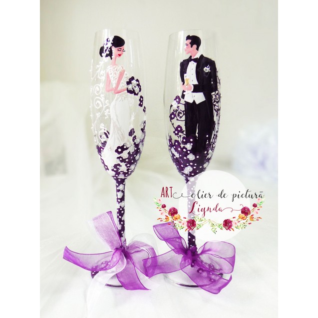 Pahare pictate manual nasi "Elegant wedding purple"
