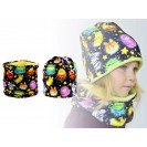 Winter hat and circular scarf set, for children, made of cotton jersey, lined with fleece with monsters digital print