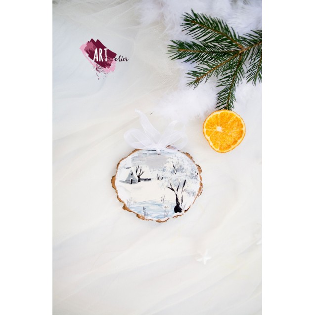 Christmas decoration, Wood piece, hand-painted - Winter Landscape with silver- Silver Christmas