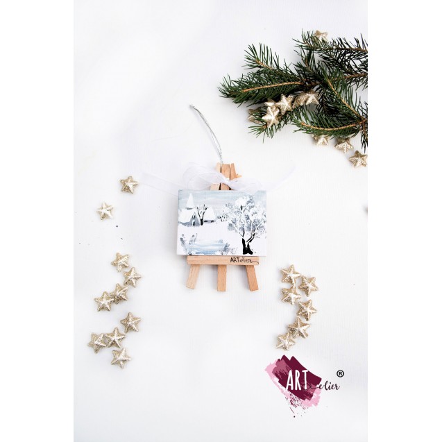 Christmas decoration, mini easel, hand-painted - Silver Christmas