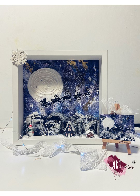 Decoratiune de Craciun, tablou pictat manual cu mini figurine - Galaxy Christmas