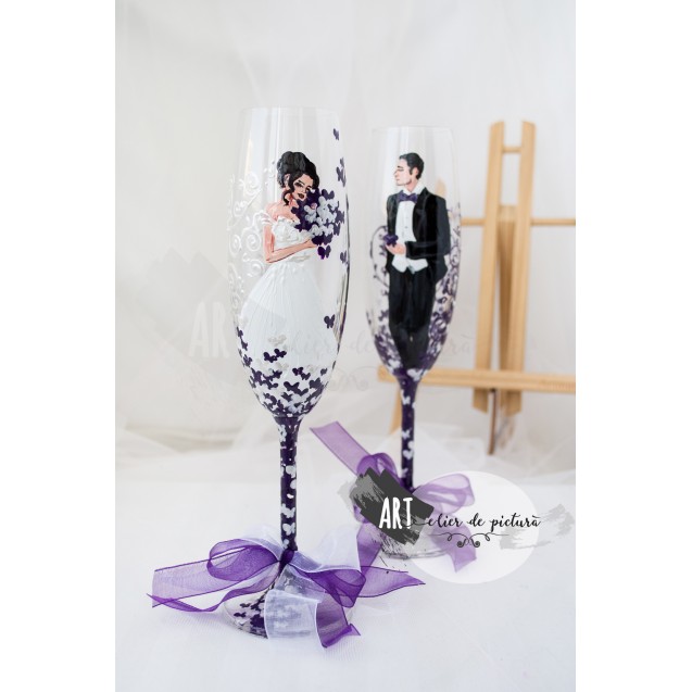 Handpainted wedding glasses "Butterflies purple&sidef"