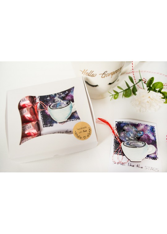 Set CADOU cu martisor, cafea galaxie si bomboane ciocolata