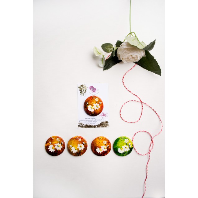 Handmade Clay Trinkets Mini-Paintings with White Flowers on Orange