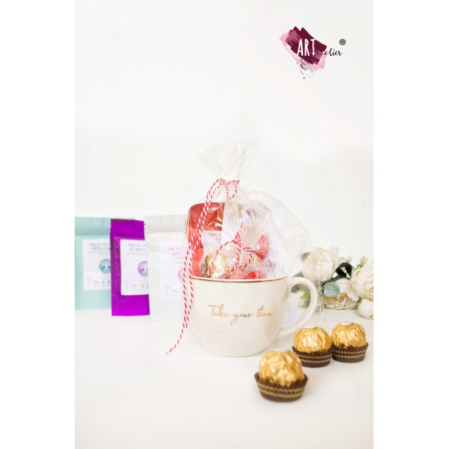 GIFT set with Clay Broche, fruit tea and chocolate candy, includes cup with golden inscription #takeyourtime