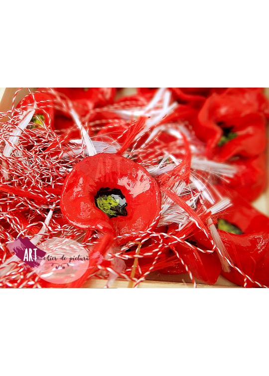 Martisoare lurate manual din lut, unice, MACI rosii, pictate manual