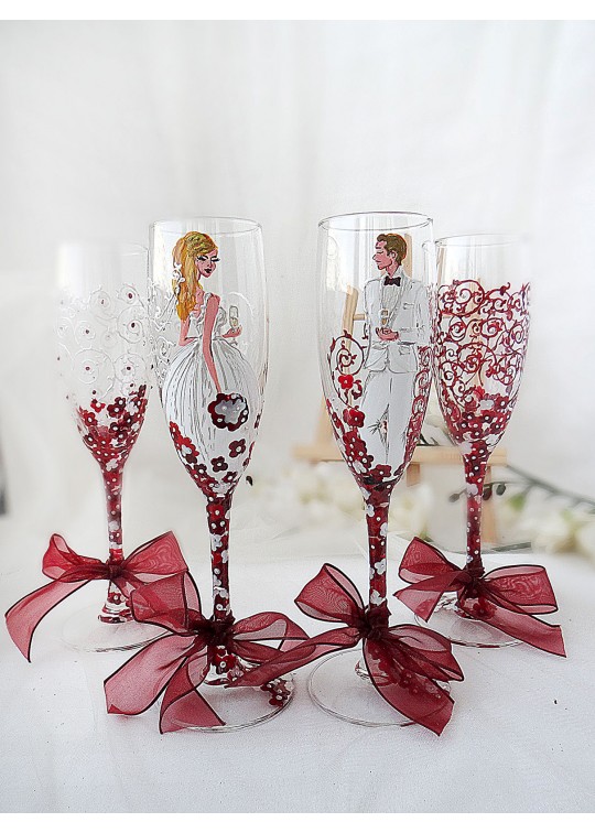 Set pahare sampanie pictate manual miri si nasi - bordeaux