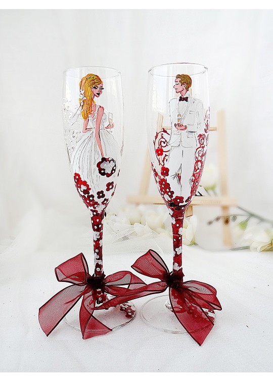 Set pahare sampanie pictate manual miri - bordeaux 