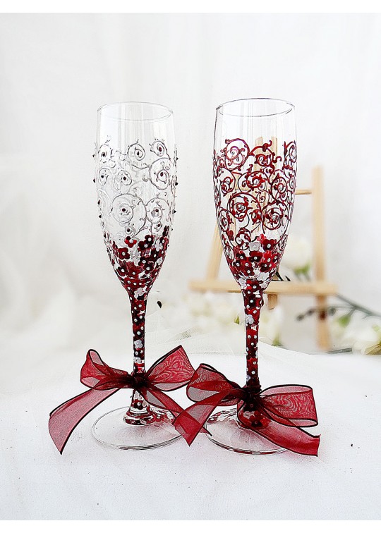 Set pahare sampanie pictate manual nasi - bordeaux