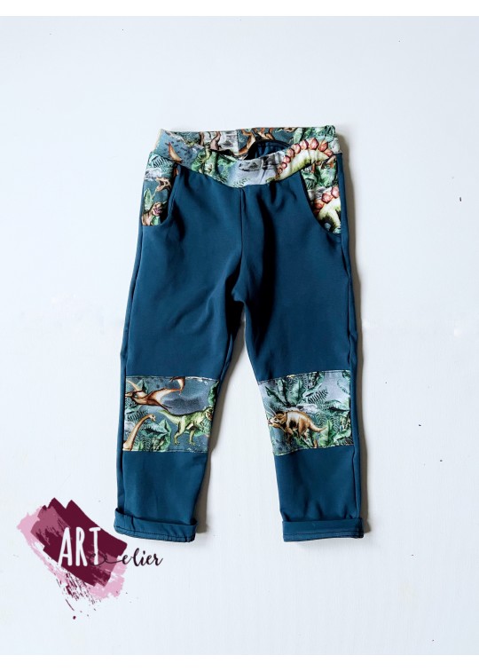 Pantaloni copii, din bumbac, albastru petrol cu imprimeu dinozauri