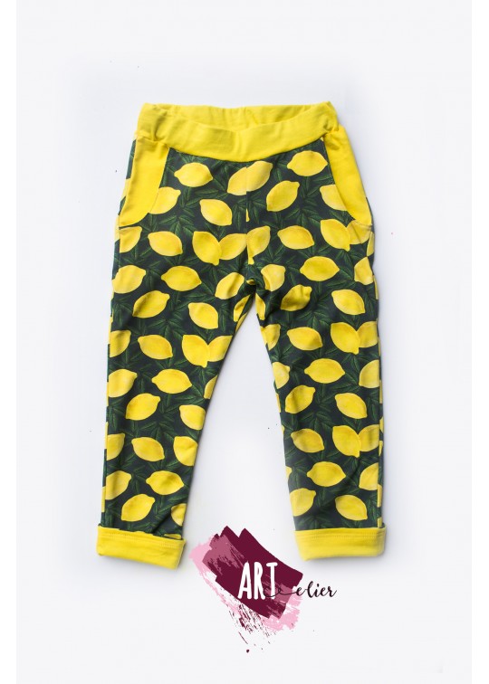 Pantaloni copii, din bumbac, galben cu imprimeu lamai