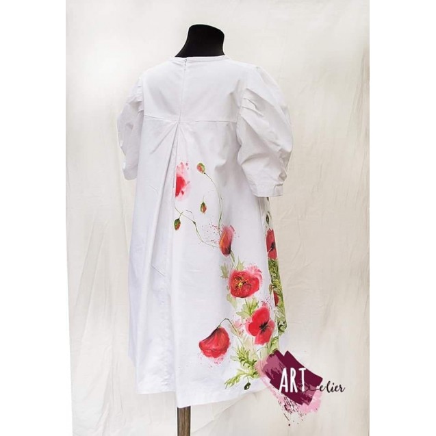 Handpainted Women Dress, 100% Cotton, White with The Simphony of Poppies