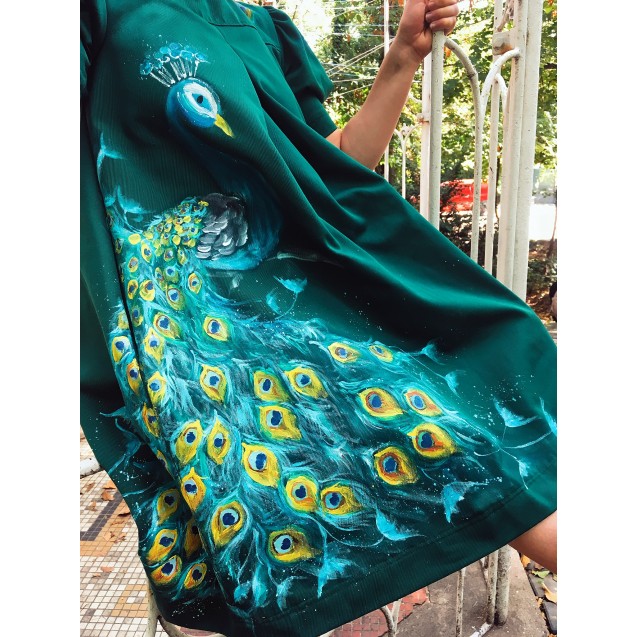 Handpainted Women Dress, 100% Cotton, model Royal Peacock