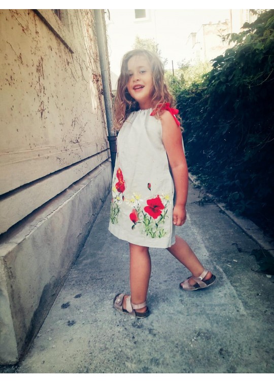 Rochie copii din in, pictata manual, Maci