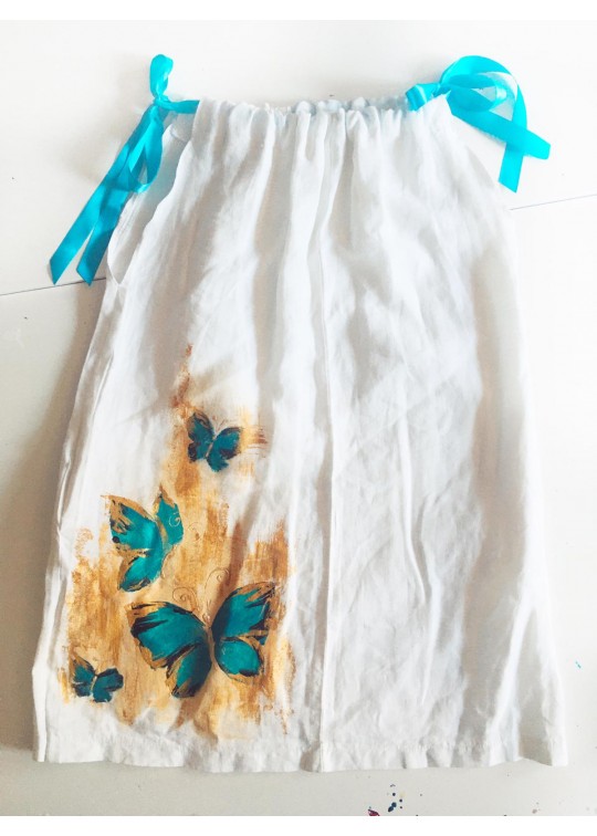 Rochie copii din in, pictata manual, Fluturi Turcoaz