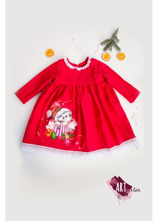 Rochie copii, eleganta, pictata manual, din in prespalat - tema Craciun cu pisica alba