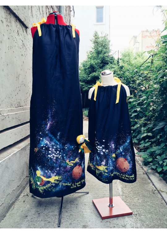 Rochita din in pictata manual cu tema Micul Print, albastru navy