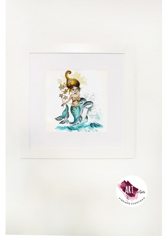 Ilustratie originala cu sirena, pentru camera copilului, inramata , 35x35 cm