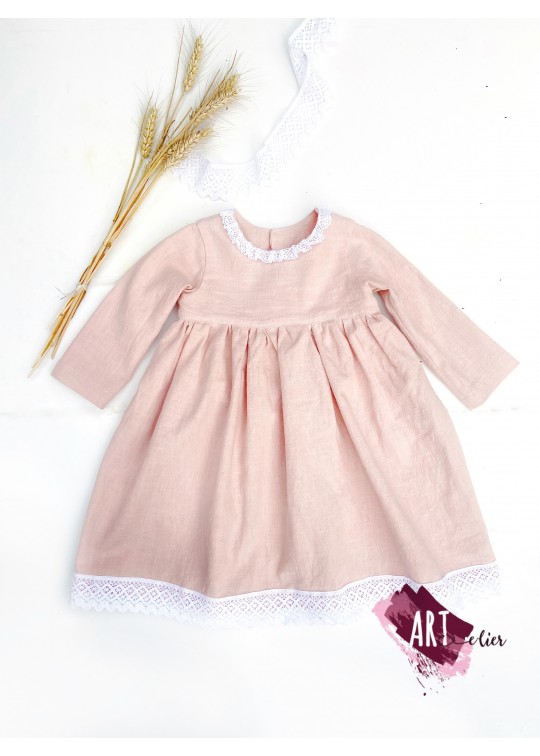 Rochie copii, eleganta, din in prespalat si dantela din bumbac- roz pastel somon