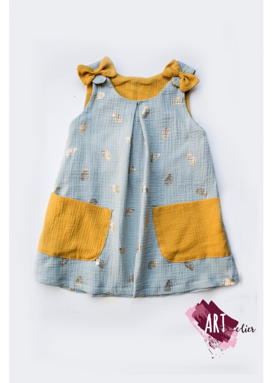 Rochita copii, vaporoasa, de vara, din muselina dubla - menta cu pene aurii-INDISPONIBIL