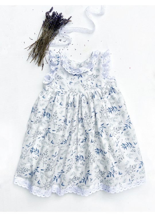 Rochie copii, alba, din muselina dubla imprimata digital, cu dantela din bumbac - print flori albastre