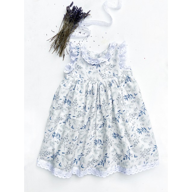 Children's dress, made of double gauze cotton,,digitaly printed - blue flowers 