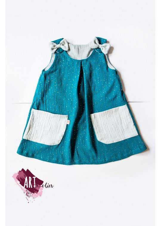 Rochita copii, vaporoasa, de vara, din muselina dubla - turcoaz cu stele aurii - INDISPONIBILA