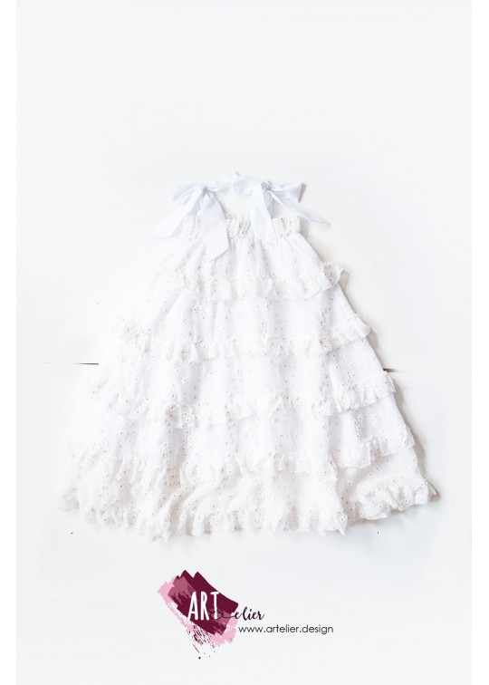 Rochie copii, tip printesa - trei sferturi, din bumbac si voal, imprimat digital cu flori albe si accente aurii