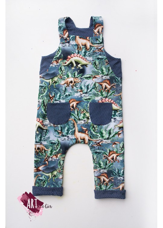 Salopeta copii si nou-nascuti, reversibila, din bumbac, navy cu dinozauri
