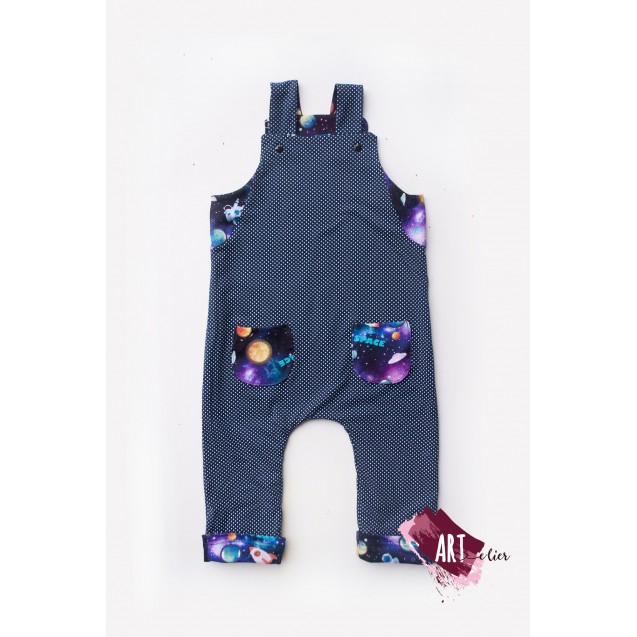 Children and newborn jumpsuit, reversible, cotton, navy purple with galaxy 