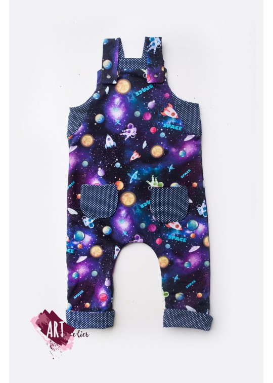 Salopeta copii si nou-nascuti, reversibila, din bumbac, navy mov cu galaxie