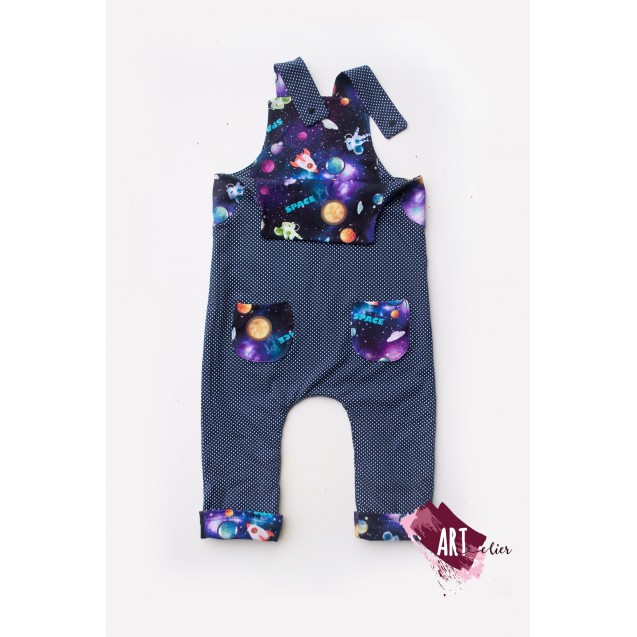 Children and newborn jumpsuit, reversible, cotton, navy purple with galaxy 