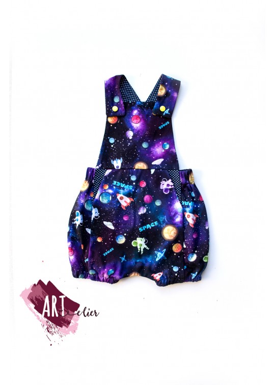 Salopeta copii si nou-nascuti, de vara, din bumbac, albastru navy cu galaxie