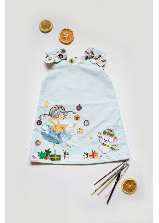 Rochita copii tip sarafan, din bumbac, culoare verde pastel menta, pictat manual cu balerina - tema Craciun
