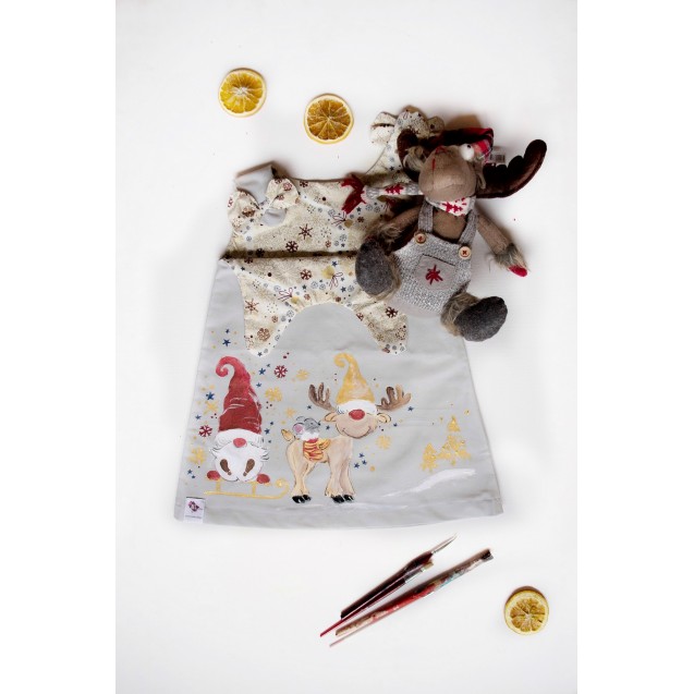 Children's dress, made of cotton, grey color, hand-painted with reindeer & Santa Claus - Christmas theme