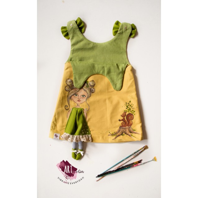 Children's dress, Ochre Yellow and Green, with hand-painted 3D doll