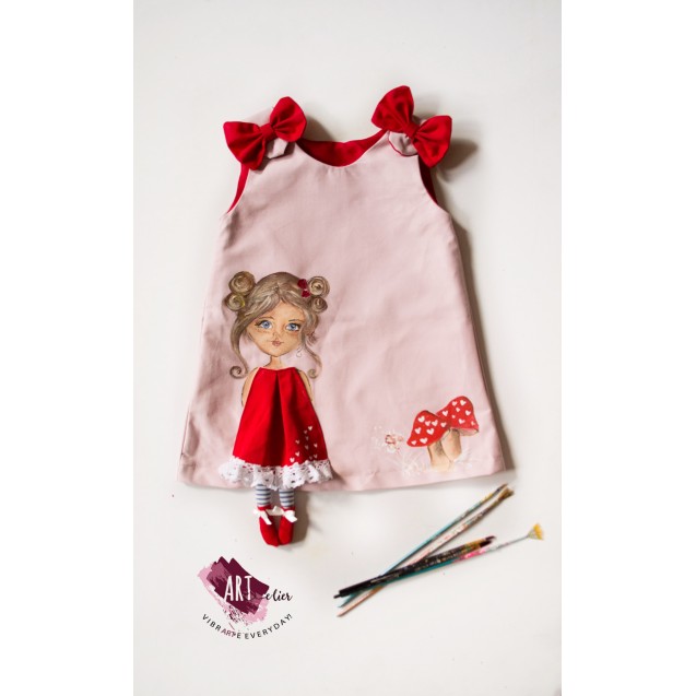 Children's dress, powder pink and red, with hand-painted 3D doll