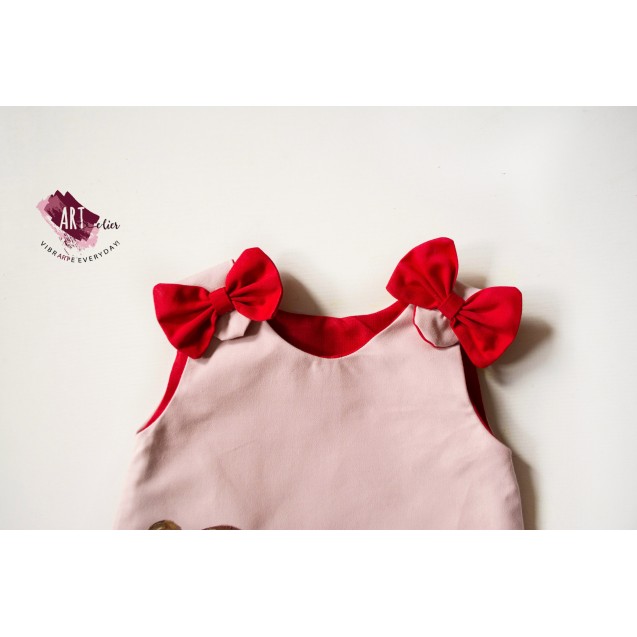 Children's dress, powder pink and red, with hand-painted 3D doll