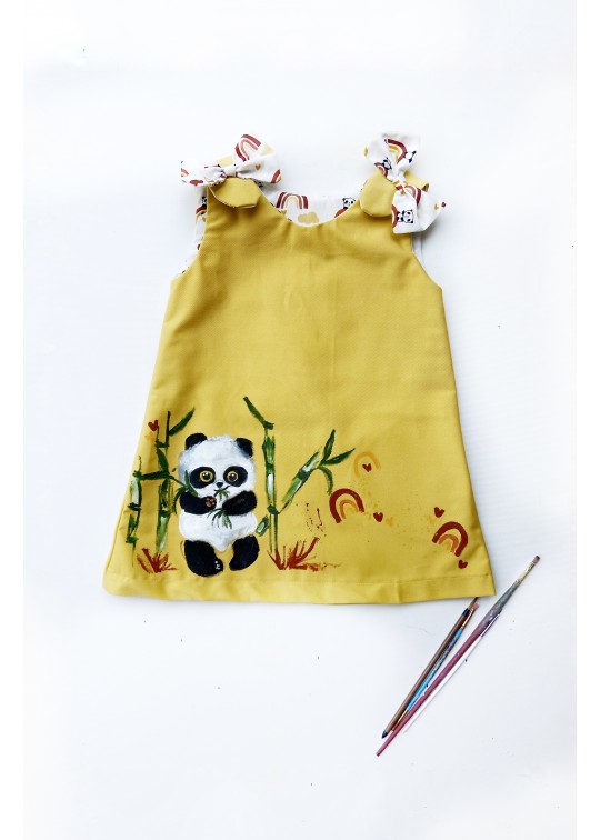 Sarafan copii, pictat manual, culoare galben cu ursulet panda jucaus