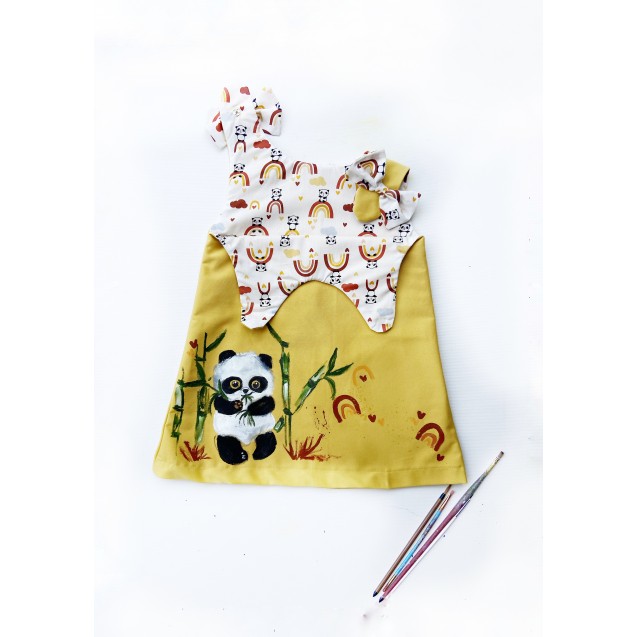 Handpainted Sundress for girls, Yellow with Funny Panda Bear