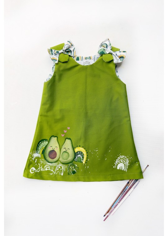Sarafan copii, pictat manual, culoare verde cu avocado - INDISPONIBIL