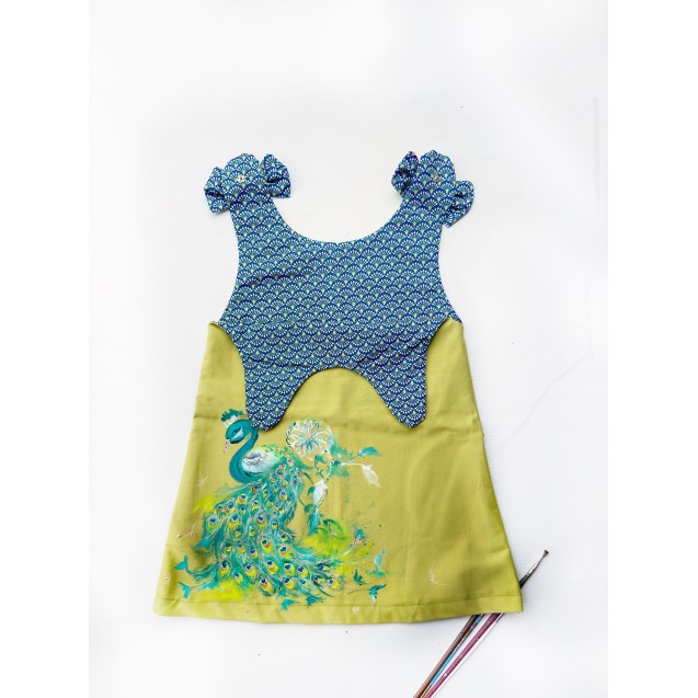 Handpainted Sundress for girls, Lime Green with Regal Peacock