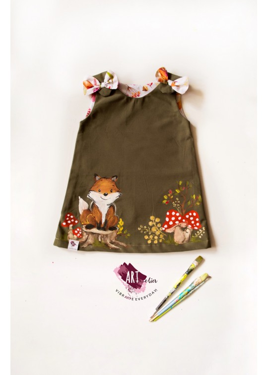 Sarafan copii, pictat manual, culoare khaki cu vulpita