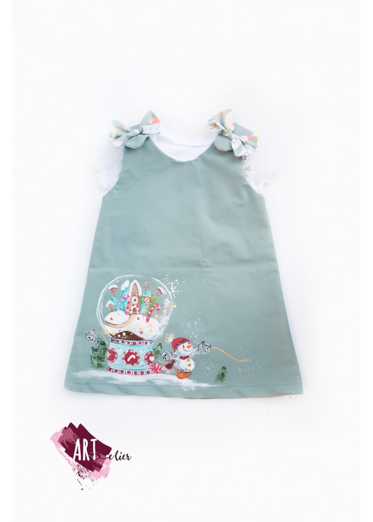 Sarafan bumbac pentru copii - verde menta cu ilustratie craciuneasca