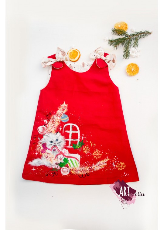 Sarafan bumbac pentru copii, rosu, pictat manual cu pisica alba - tema Craciun