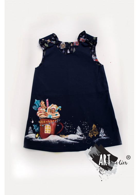 Sarafan bumbac albastru inchis, pentru copii cu ilustratie craciuneasca