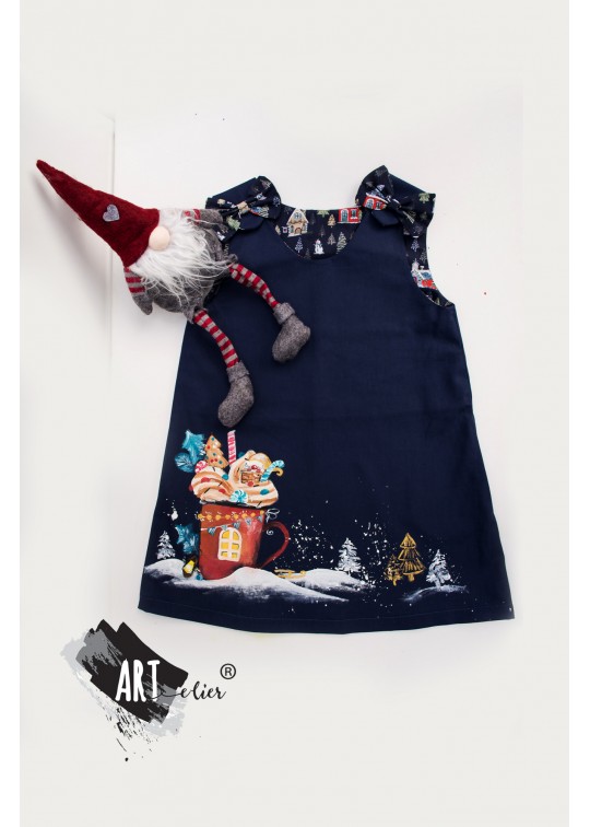 Set Craciun sarafan bumbac pentru copii albastru inchis si jucarie de plus Gnom