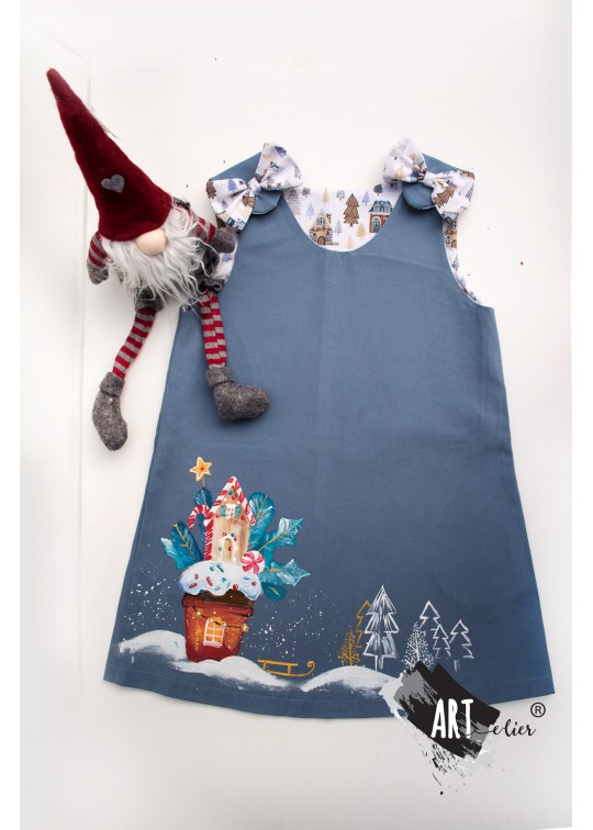Set Craciun sarafan bumbac pentru copii Albastru senin si jucarie de plus Gnom