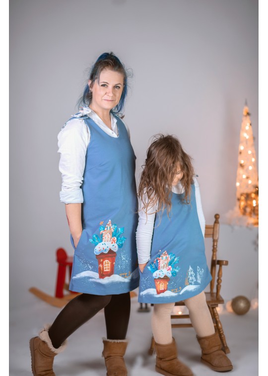 Sarafan bumbac pentru femei - albastru senin cu ilustratie craciuneasca